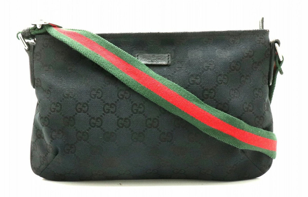 Gucci GG Canvas Sherry Crossbody Bag Gusset Leather Black